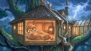 A Stormy Night in a Safe Forest Treehouse | Warm Fire Inside | Ghibli Style ASMR