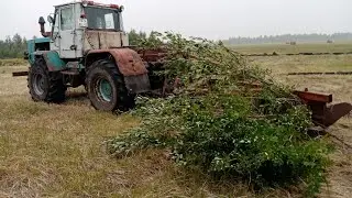 Tree uprooting using a T-150 tractor.