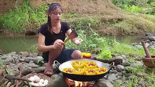 Cooking mix spicy Eggs recipe with big chili for jungle food @RinaAdventureAllTime