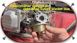 Rasenmäher springt an, geht dann aber gleich wieder aus.