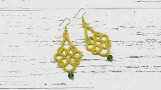 Needle tatting. Yellow earrings with a crystal bead / Фриволите иглой. Желтые серьги с бусиной