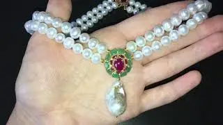Серебряное колье Барочный Жемчуг — Рубин — Изумруд
