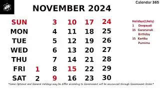 November Calendar 2024 - November 2024 Calendar with Holidays - India 📅 Calendar 365 📅