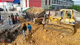 Unexpected Dump Trucks FAil Driver Unloading And Push Out With Skill Operator KOMATSU D53P Bulldozer