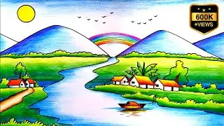 नदी किनारे के दृश्य का चित्र बनाना सीखें / How to draw village scenery / Learn Drawing