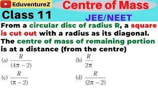 From a circular disc of radius R, a square is cut out with a radius as its diagonal. The centre of m