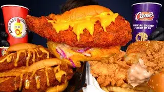 ASMR MUKBANG EXTRA CANES SAUCE DAVES HOT CHICKEN BURGERS CRISPY CHICKEN & FRIES | WITH CHEESE
