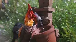 57cm Solar Rooster Pouring Pots Tiered Cascading Water Feature w/ Battery Backup & Lights By Solaray