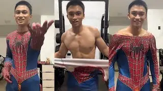Justine cosplays as a sexy spiderman.