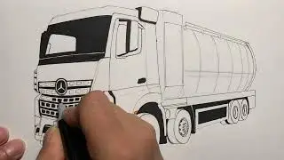 Drawing Mercedes-Benz truck cleaning and suction truck, front four wheels and rear eight wheels