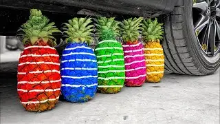 Experiment car vs pineapple car vs milk car vs baby toys car vs crushing crunchy soft things by car