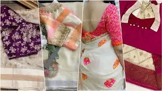 White sarees/silver colour sarees with contrast blouse design ideas || saree contrast blouse design