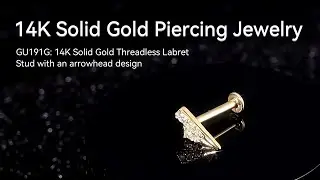 14K Solid Gold Threadless Arrowhead Labret Stud with CZ
