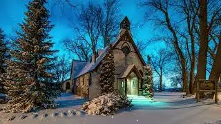 Village Church Falling Snow Ambience -- Soft Christmas Music