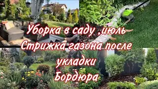 Стрижка газона после укладки бордюра , уборка в саду