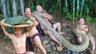Cooking Giant Python Failed | Catching and Cooking Whole Turtle Meat | Primitive Food