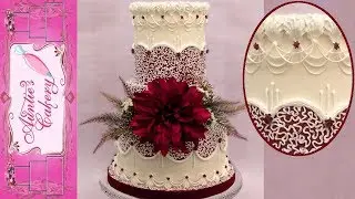 Maroon Cornelli Lace Wedding Cake; Wedding Cake Decorating