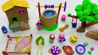 DIY How to make polymer clay miniature house, kitchen set, tree, water well, Charpai | Village house
