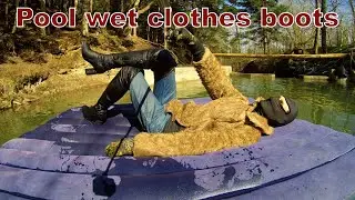 Pool wet clothes boots. Wetlook. Басейні плаваю одязі і на матрасі.