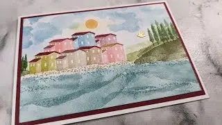 Scenery cards - a seaside village, hills and trees using Hills of Tuscany stamp set from Stampin' Up