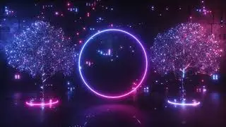 Circle Neon Frame & Digital Trees Background 4K VJ Loop Video | No Copyright Motion Loop Video