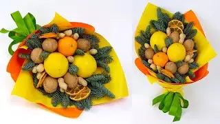 How to make edible fruit bouquet.  A bouquet of dried fruits, nuts and citrus fruits at home.