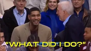 Tim Duncan and Coach Pop share a laugh after  Salah Mejri Trash Talks Pop - #nba