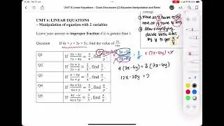 S1 Linear Equations: Manipulation of Equation with 2 variables (Q1)