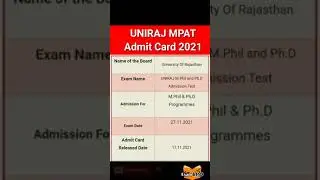 UNIRAJ MPAT Admit Card 2021  | UNIRAJ ADMIT CARD 2021 | 