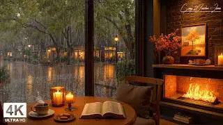 Relaxing Café Rain Ambience ☕🌧️ Gentle Jazz Vibes & Fireplace Sounds for  Peaceful Chill Moments