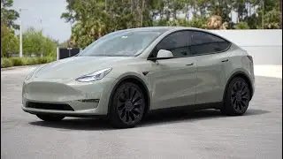 TESLA MODEL Y WRAPPED IN TECKWRAP MOSSY GREEN