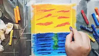 Acrylic and Oil Pastels Tree and sunset painting