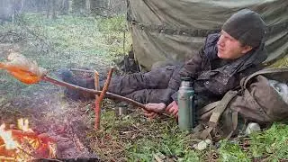 Bushcraft. First snow in the autumn forest