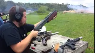 1740 double barrel pump shotgun at the NFA Review channel shoot