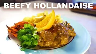 Orange braised beef | egg yolk-thickened sauce | limey roast carrots
