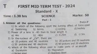 10th Science First mid term test Original Question Paper 2024 |10th Science 1st mid term Exam 2024