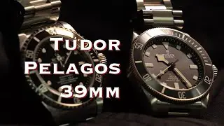 Close up look at Tudor Pelagos 39mm put side by side with an old beaten up Rolex Submariner No-Date.