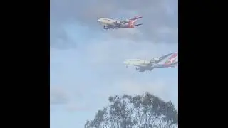 Qantas Airbus A380 flying low over Sydney, Australia