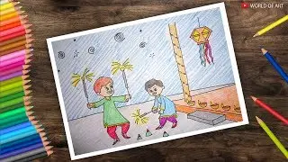 How to colour Diwali festival scene | Diwali drawing for kids Part 2