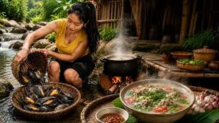 Village Girl Cooking Snail Porridge by the Lotus Pond | Countryside ASMR