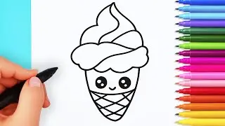 How to draw cute ice cream easy | Drawing and coloring kawaii ice cream