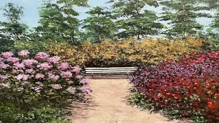 Как рисовать летний парк с цветочными кустарниками. Лессировка.