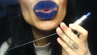 Try out blue lipstick on glass ASMR