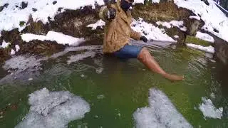 In winter pool wet clothes boots.wetlook. wet jeans. wet fur coat. 