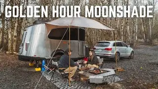 Airstream Basecamp Camping and Cooking under new Golden Hour Moonshade Snow Peak IGT Jikaro Table