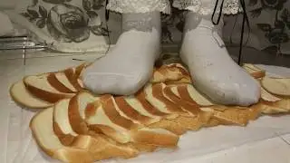 Girl dirty socks trample and crush bread