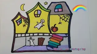 Drawing and Coloring a HAUNTED CASTLE for HALLOWEEN. Easy drawings. / Mari rainbow coloring.