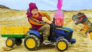 Leo and the dinosaur arrived on a tractor and are doing an experiment with Coca-Cola and Mentos