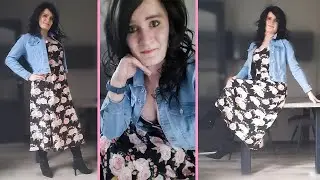 Alluring crossdresser wearing flower dress and heeled boots