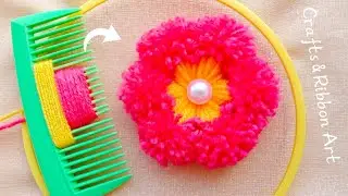 It's so Cute 💖🌟 Super Easy Woolen Flower Making Idea with Hair Comb - DIY Hand Embroidery Flowers